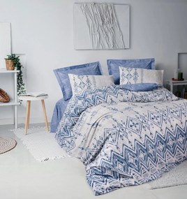 Set lenjerie pat dublu CLEO, bumbac, alb/albastru, 240x260 cm, cu cear