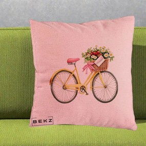 Perna Decorativa Bicicleta Galbena cu Cos de Flori Primavara, 40x40 cm, Roz, Husa Detasabila, Perna Inclusa, BEKZ®