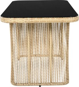 Set mobilier de grădină din PE‑rattan, 5 piese, canapea 3 locuri, 2 fotolii și masă cu blat din sticlă, Bej+Negru+Alb