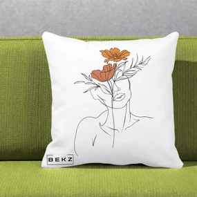 Perna Decorativa Portret Feminin Doua Flori, 40x40 cm, Alba Mata, Husa Detasabila, Perna Inclusa, BEKZ®