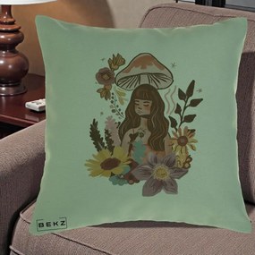 Perna Decorativa Fata Ciuperca Boho Florala, 40x40 cm, Verde, Husa Detasabila, Perna Inclusa, BEKZ®