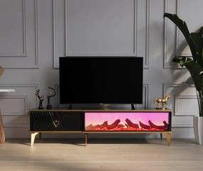 Comoda TV cu șemineu electric, Negru/Auriu, 160x40x55 cm