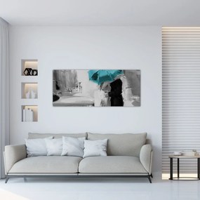Tablou - Cuplu în dragoste cu umbrelă, albastru (120x50 cm)