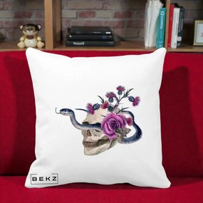 Perna Decorativa Craniu cu Sarpe si Trandafiri Gothic, 40x40 cm, Alba Mata, Husa Detasabila, Perna Inclusa, BEKZ®