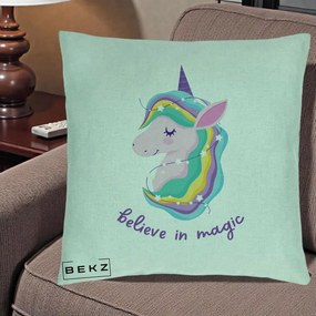 Perna Decorativa Unicorn Believe in Magic, 40x40 cm, Verde Menta, Husa Detasabila, Perna Inclusa, BEKZ®