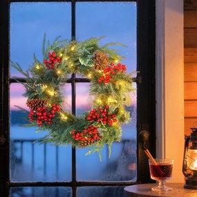 HOMCOM Ghirlandă de Crăciun de 60 cm cu Lumini LED Albe, Coroană de Crăciun cu Temporizator, 170 de Ramuri, Conuri de Pin, Boabe și Vâsc, Decor de Crăciun pentru Ușă și Fereastră, Verde | Aosom Romania