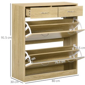 HOMCOM Dulap pentru Pantofi din PAL, cu 2 Rafturi Reglabile și 2 Sertare, Finisaj Stejar, Soluție Elegantă de Depozitare | Aosom Romania