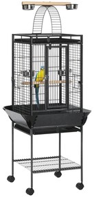 PawHut Colivie pentru Perusi cu 2 Stinghii de Lemn si Scara Acuita, Cusca pentru Pasari din Otel cu Intrari Multiple, 62.5x62.5x156 cm, Gri