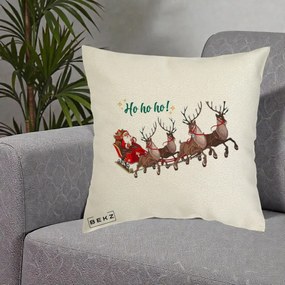 Perna Decorativa Ho Ho Ho Mos Craciun cu Sanie si Reni, 40x40 cm, Ecru, Husa Detasabila, Perna Inclusa, BEKZ®