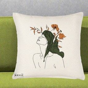 Perna Decorativa Portret Feminin Profil Flori Portocalii, 40x40 cm, Crem Reliefat, Husa Detasabila, Perna Inclusa, BEKZ®