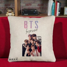 Perna Personalizata K-pop BTS Forever cu Foto Grup Negru, 40x40 cm, Bej Canapea, Husa Detasabila, Perna Inclusa, BEKZ®