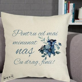 Cadou pentru Nas - Perna Personalizata Pentru Cel mai Minunat Nas Cu drag Finii, 40x40 cm, Ecru, Husa Detasabila, Perna Inclusa, BEKZ®