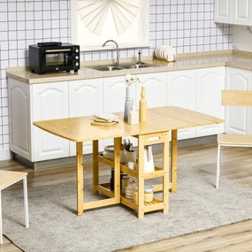 HOMCOM Masă Pliabilă, Masă de Dining, două laturi pliabile, două rafturi, picioare reglabile, bambus, 149,5 x 80 x 73,5 cm | Aosom Romania