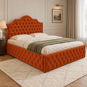 Pat tapițat Chesterfield din catifea Imperio Deluxe 140×200 cm, cărămiziu, cu ladă de depozitare