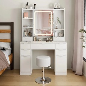 Masuta machiaj cu Oglinda LED si 7 Sertare pentru Cosmetice, Set Masa toaleta 105 cm, Alb, masuta cosmetica, vanity - SEA810