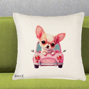 Perna Decorativa Chihuahua Roz in Masinuta, 40x40 cm, Crem Reliefat, Husa Detasabila, Perna Inclusa, BEKZ®