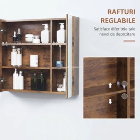 Kleankin Oglindă de Baie cu Lumini LED Reglabile, Dulap de Baie cu 2 Uși cu Oglindă și Raft Reglabil, 70x15x65 cm, Maro | Aosom Romania