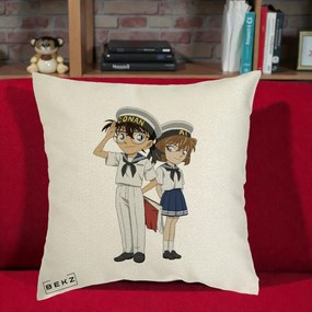 Perna Personalizata Detective Conan Conan si Ai Sailor, 40x40 cm, Ecru, Husa Detasabila, Perna Inclusa, BEKZ®