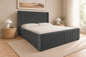 Pat tapițat din catifea Aurelia Simple 200×200 cm, gri închis, cu ladă de depozitare