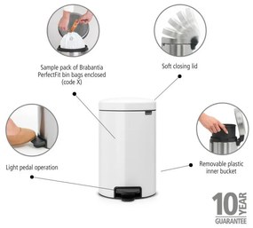 Cos pentru gunoi cu pedala Brabantia NewIcon 649032, 12 L, Inchidere usoara, Baza antiderapanta, Găleată interioară metalică, Alb