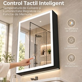 HOMCOM Dulap de Baie cu Oglindă și LED, 3 Culori, 50x70 cm, Soft-Close, Priză, Rafturi Reglabile, Negru | Aosom Romania