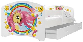 Supermobel Pat pentru copii cu imprimeu LUCKY P1 + saltea + somieră GRATIS, 140x80, alb/MODEL 08