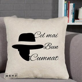 Cadou pentru Cumnat - Perna Personalizata Cel mai Bun Cumnat cu Silueta Palarie, 40x40 cm, Bej Canapea, Husa Detasabila, Perna Inclusa, BEKZ®