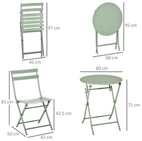 Outsunny Set de Gradina Pliabil de 3 Piese din Otel, 2 Scaune 42x50x81 cm si Masa de Gradina Ø60x71 cm, Verde