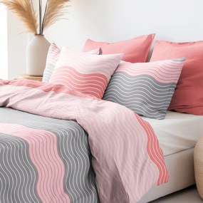 Goldea lenjerie de pat din bumbac satinat deluxe - valuri roz și gri 200 x 220 și 2buc 50 x 70 cm