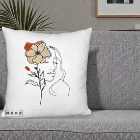 Perna Decorativa Portret Feminin Floare Bej Terracotta, 40x40 cm, Alb Pufos, Husa Detasabila, Perna Inclusa, BEKZ®