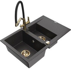 Mexen Gaspar Chiuvetă de granit de 1,5 compartiment cu picurător și baterie de bucătărie Duo, Negru cu picățele - 6507-76-671701