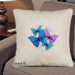 Perna Decorativa Patru Fluturi Turcoaz-Violet, 40x40 cm, Bej Canapea, Husa Detasabila, Perna Inclusa, BEKZ®