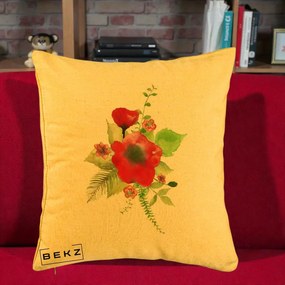 Perna Decorativa Buchet Rosu Acuarela, 40x40 cm, Galben, Husa Detasabila, Perna Inclusa, BEKZ®