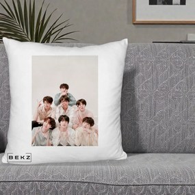Perna Personalizata K-pop BTS Foto Grup Pastel, 40x40 cm, Alb Pufos, Husa Detasabila, Perna Inclusa, BEKZ®
