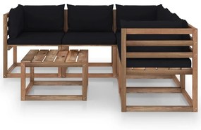 Set mobilier de gradina cu perne negre, 6 piese lemn pin tratat