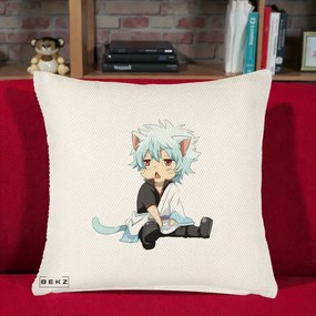 Perna Personalizata Gintama Gintoki Chibi Pisica, 40x40 cm, Crem Reliefat, Husa Detasabila, Perna Inclusa, BEKZ®