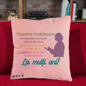 Cadou pentru Invatatoare - Perna Personalizata Doamna Invatatore La Multi Ani cu Silueta si Text Colorat, 40x40 cm, Roz, Husa Detasabila, Perna Inclusa, BEKZ®
