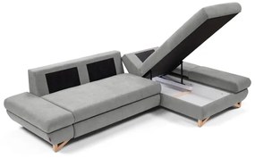 Colțar extensibil AVESTA, tapițat, cu spațiu de depozitare, în formă de L, cu șezlong pe partea dreaptă, gri