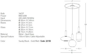 Lustra cu 3 pendule design modern Barab auriu, alb opal