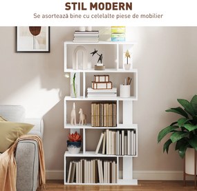 HOMCOM Bibliotecă Asimetrică în Formă de S cu 5 Niveluri și 10 Rafturi Deschise, 80x24x159 cm, Alb | Aosom Romania
