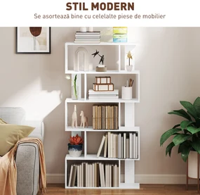 HOMCOM Bibliotecă Asimetrică în Formă de S cu 5 Niveluri și 10 Rafturi Deschise, 80x24x159 cm, Alb | Aosom Romania