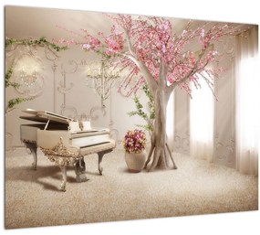 Tablou pe sticlă - Interior de vis cu pian (70x50 cm)