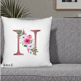Cadou Personalizat - Perna Personalizata Monograma Rose Gold Litera N, 40x40 cm, Alb Pufos, Husa Detasabila, Perna Inclusa, BEKZ®