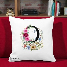 Cadou Personalizat - Perna Personalizata Monogram Litera O cu Flori Acuarela, 40x40 cm, Alba Mata, Husa Detasabila, Perna Inclusa, BEKZ®