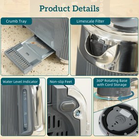 HOMCOM 2200W, fierbător 1,7L cu funcție de fierbere rapidă, filtru anticalcar și toaster cu 4 felii și 7 trepte de rumenire, gri | Aosom Romania