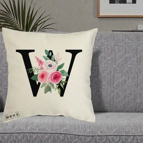 Cadou Personalizat - Perna Personalizata Monograma Florala Litera W cu Trandafiri si Anemona, 40x40 cm, Ecru, Husa Detasabila, Perna Inclusa, BEKZ®