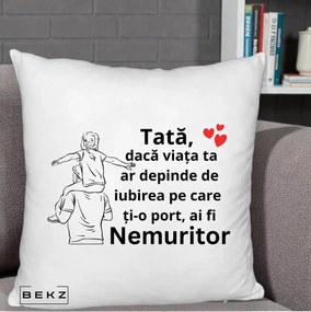 Cadou pentru Tata - Perna Personalizata Tata Supererou Nemuritor, 40x40 cm, Alb Pufos, Husa Detasabila, Perna Inclusa, BEKZ®