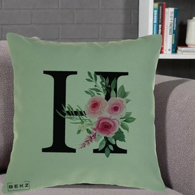 Cadou Personalizat - Perna Personalizata Monograma Florala Litera H cu Trandafiri Roz, 40x40 cm, Verde, Husa Detasabila, Perna Inclusa, BEKZ®