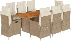 vidaXL Set de masă pentru grădină, 9 piese, cu perne, bej, poliratan