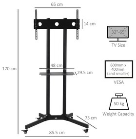 HOMCOM Carucior Suport Televizor cu Roti pentru TV 32-65" s VESA Maxim 600x400mm, Inaltime si Unghi Reglabile, Negru